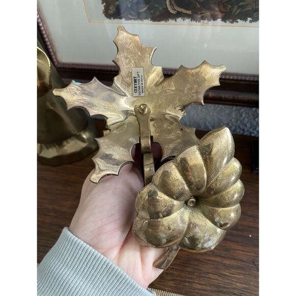 Vintage Solid Brass Candle Holder Set Fall Leaves Brass Candle Stick Holders MCM - Picture 6 of 6